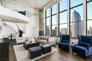 Spacious and elegant living room with city view
